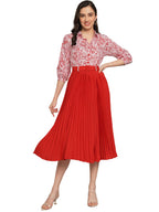 Kzully WomenS Print 3/4 Sleeve Pleated Midi Dress With Belt Red