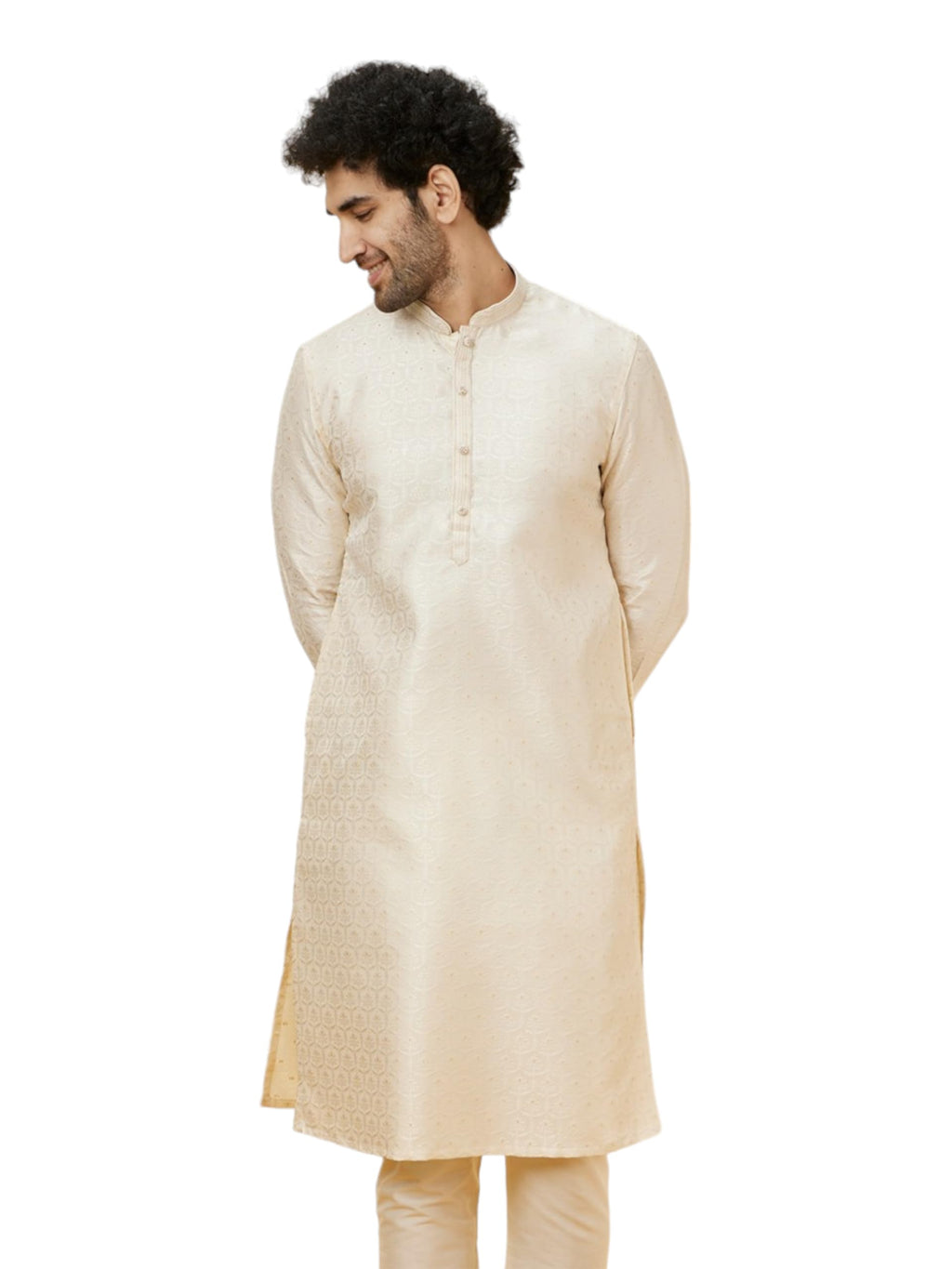 Manyavar Mens Cream Art Silk JACQUARD Kurta Pyjama Set