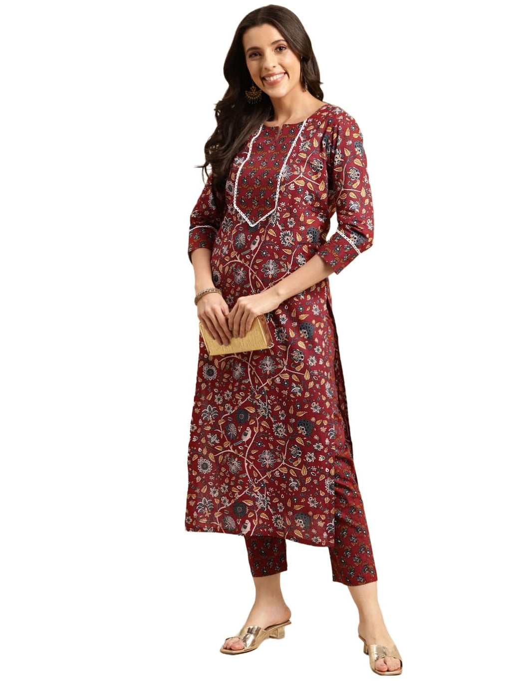 ANNI DESIGNER Womens Cotton Blend Printed Straight Kurta with Pant (Win Red_S_Red_Small)
