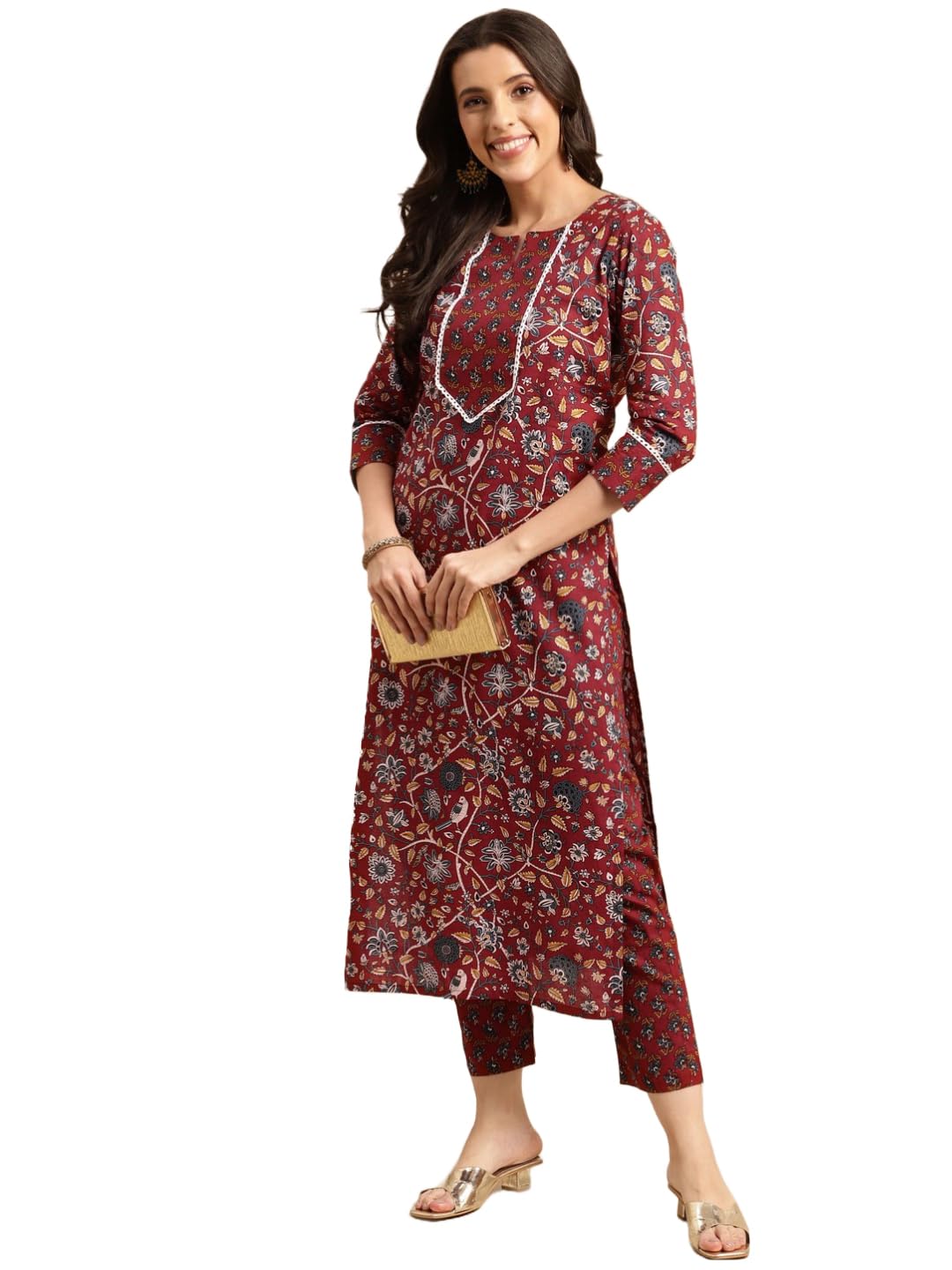 ANNI DESIGNER Womens Cotton Blend Printed Straight Kurta with Pant (Win Red_S_Red_Small)