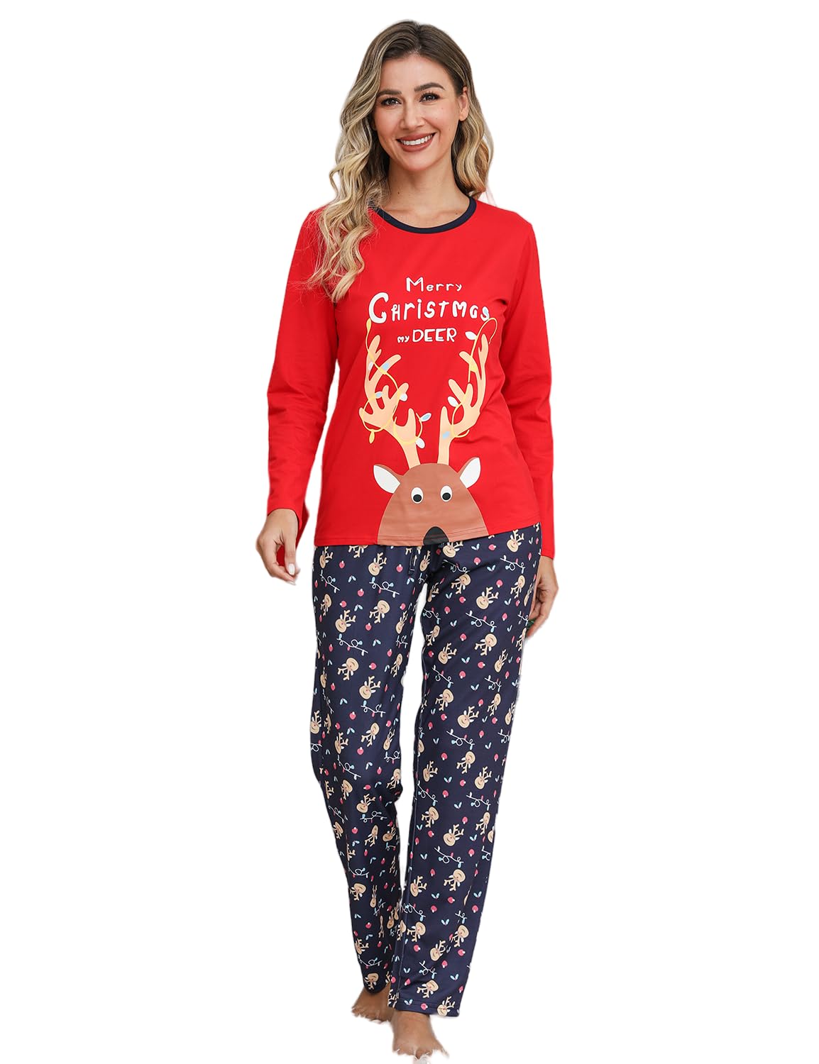 EISHOPEER Womens Cotton Christmas Pajamas Set Long Sleeve Christmas Pjs Set Holiday Sleepwear Set with Pocket Red X-Smal