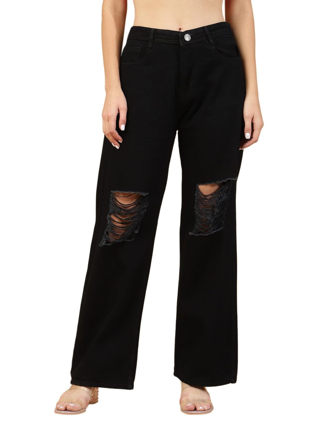 Shasmi Relaxed High Rise Cotton Ankle Length for Women Jeans (Denim Pant 168_Black