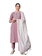 Stylum Women'S Kantha Work & Embroidered Cotton Straight Kurta Pant Dupatta Set (Kpdmauvekullu38_Mauve, M)