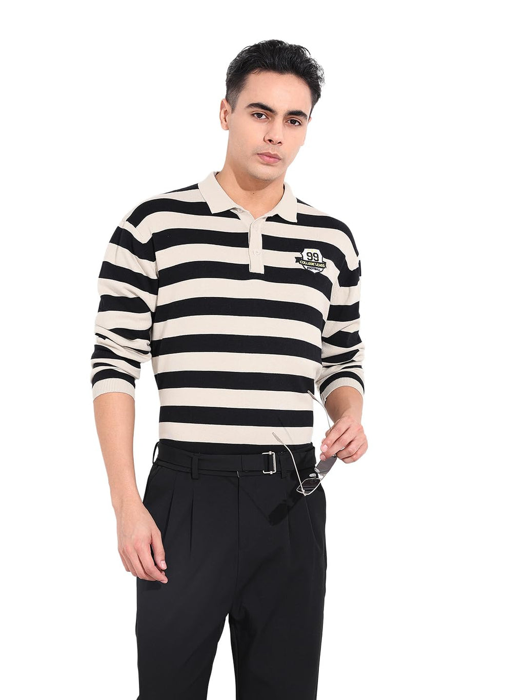 The Indian Garage Co Mens Oversized Fit Striped Long Sleeves Neck Flat Knit Sweater