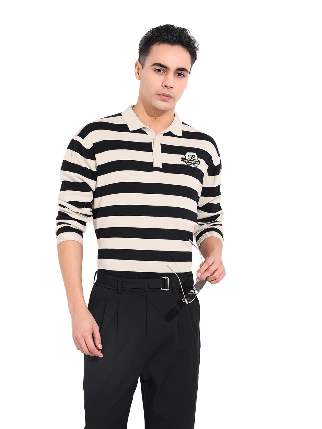 The Indian Garage Co Mens Oversized Fit Striped Long Sleeves Neck Flat Knit Sweater