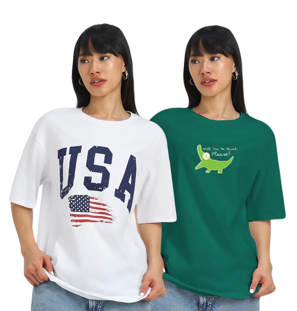 Juneberry Pack Of 2, 100% Pure Cotton, Round Neck, Oversized, Loose, Baggy Fit, Drop Shoulder, Graphic Printed, Half Sleeve T-Sh