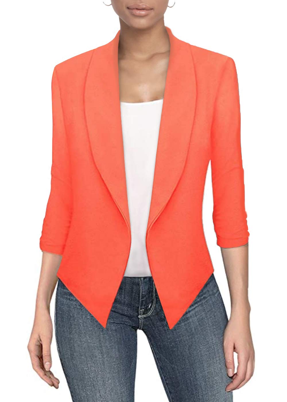 Womens casual Work Office Open Front Blazer Jacket with Removable Shoulder Pads JK1133X NEON coral 1X