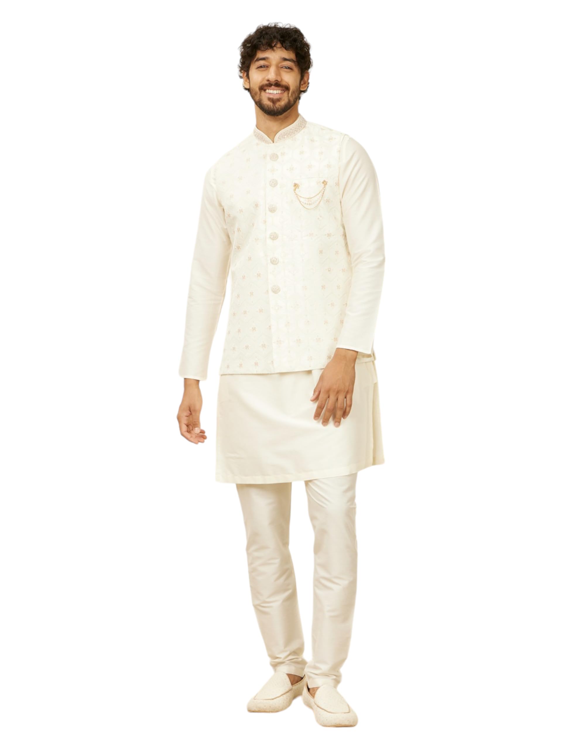 Manyavar Warm White Art Silk Embroidery|Sequin Work Jackets for Men