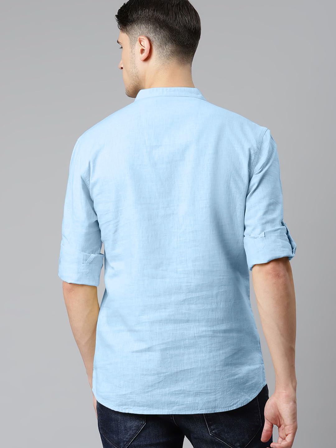 Zombom MenS Cotton Blend Solid Casual Regular Fit Mandarin Collor Short Kurta For Men Sky Blue