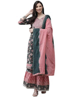 Ishin Women'S Green & Pink Gotta Patti Embroidered A-Line Kurta Set With Sharara And Dupatta