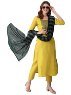 Gosriki Women'S Cotton Blend Solid Straight Kurta With Pant & Dupatta (Ratar-Mahendi-Gs_Xxl_Mustard_Xx-Large)