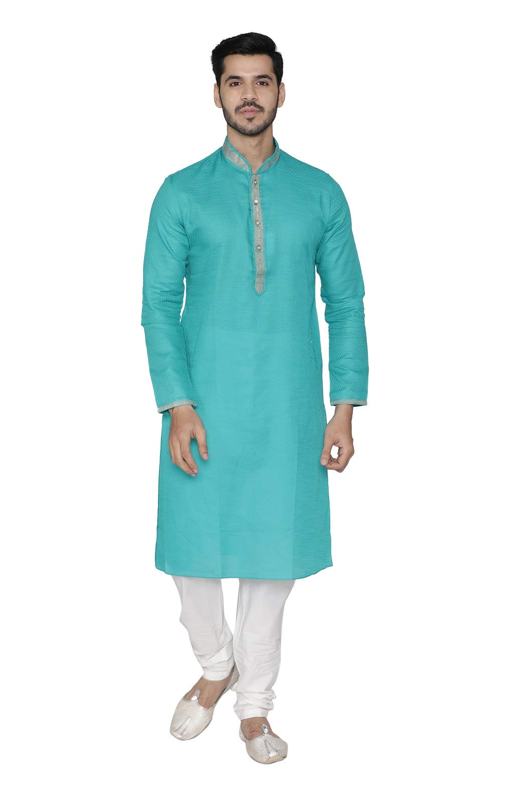 Manyavar MenS Silk Cotton Blend Other Kurta Pyjama (M301085_Firoze Green_L)
