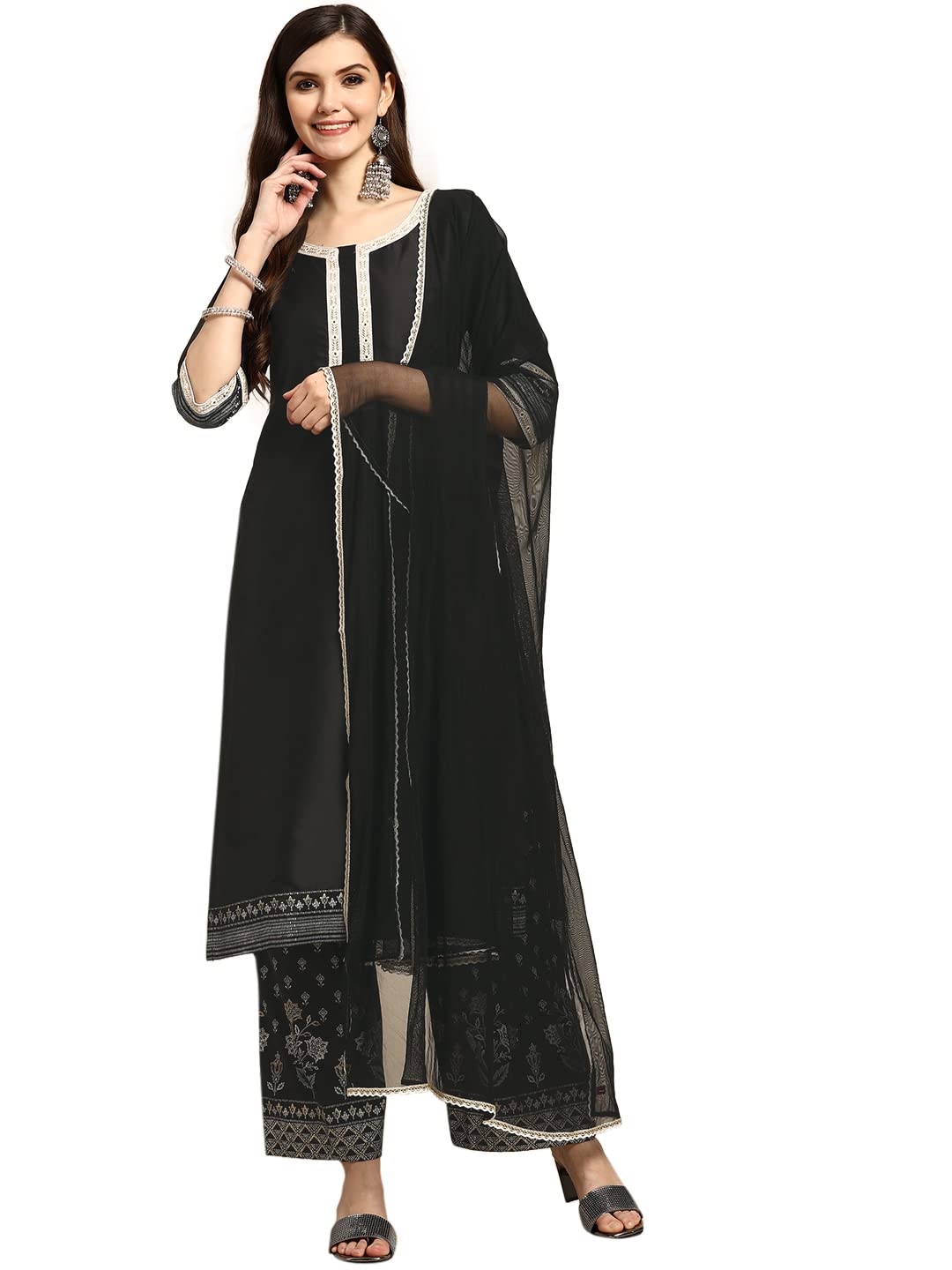 Gerua WomenS Silk Blend Salwar Suit Set (Gs768_Black_S)