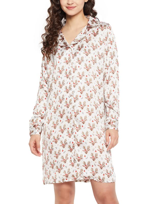 Clovia Womens Satin Christmas Print Button Down Sleep Shirt (NS1392R18_White_M)