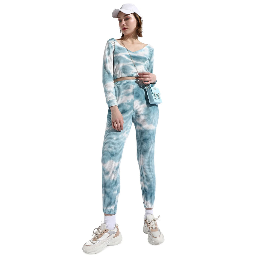 Campus Sutra Women'S Blue Tie-Dye V Neck Long Sleeve Regular Fit Co-Ords Set For Casual Wear | Clothing Set Crafted With Comfort