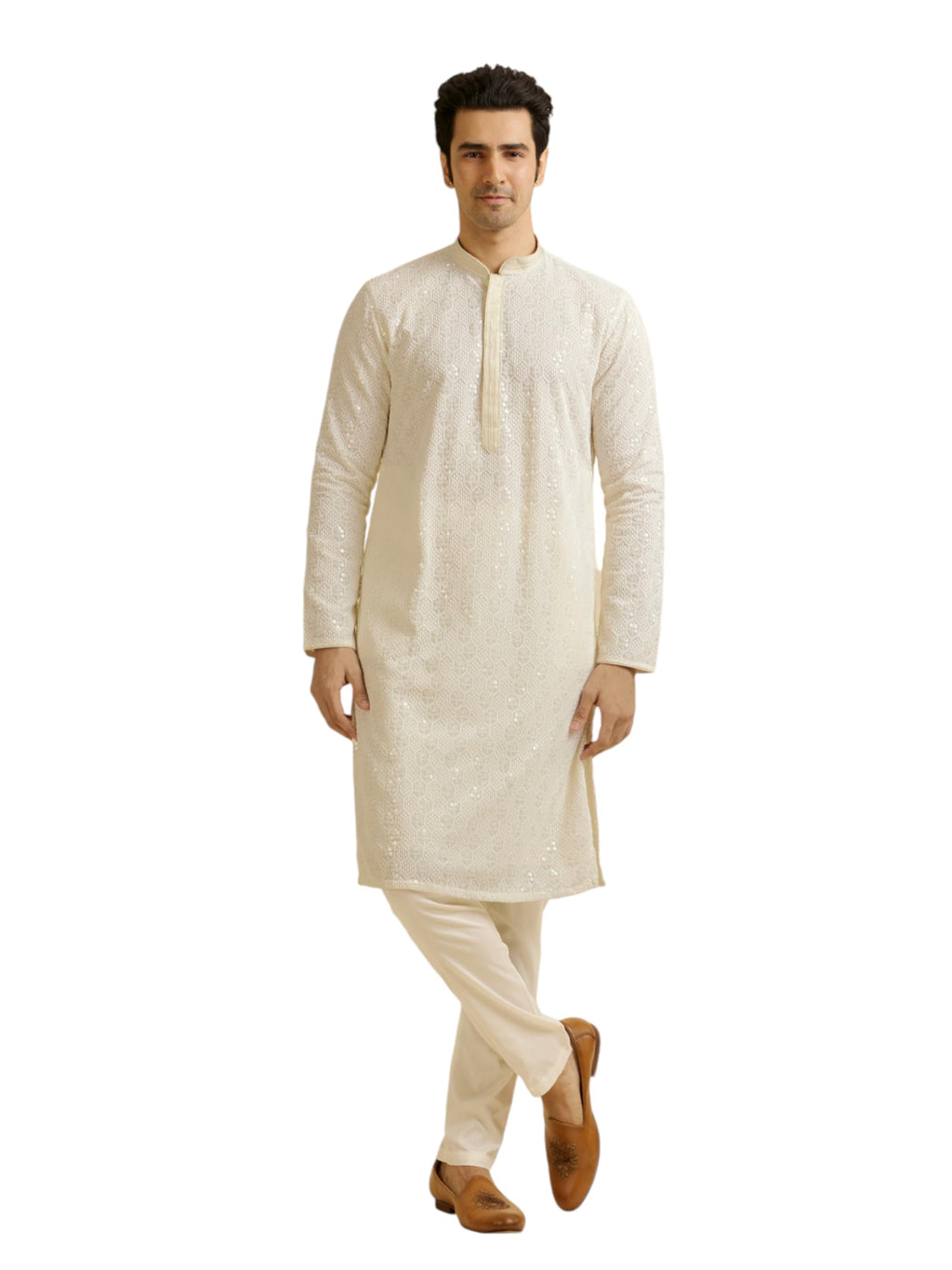 Manyavar Mens Georgette Embroidered Zari Kurta Pyjama Set (Cream,S)