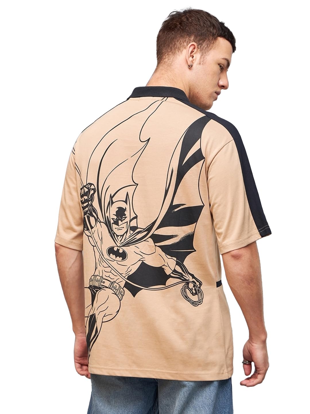 Bewakoof Official DC Merchandise Mens Graphic Printed Oversized Fit Half Sleeve Polo Cotton Jersey T-Shirt 616986 Brown_M