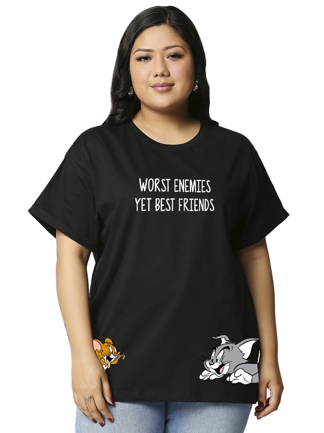 Bewakoof Official Tom & Jerry Merchandise Womens Graphic Print Boyfriend Fit Half Sleeve Round Neck Cotton Plus Size T-Shirt_63