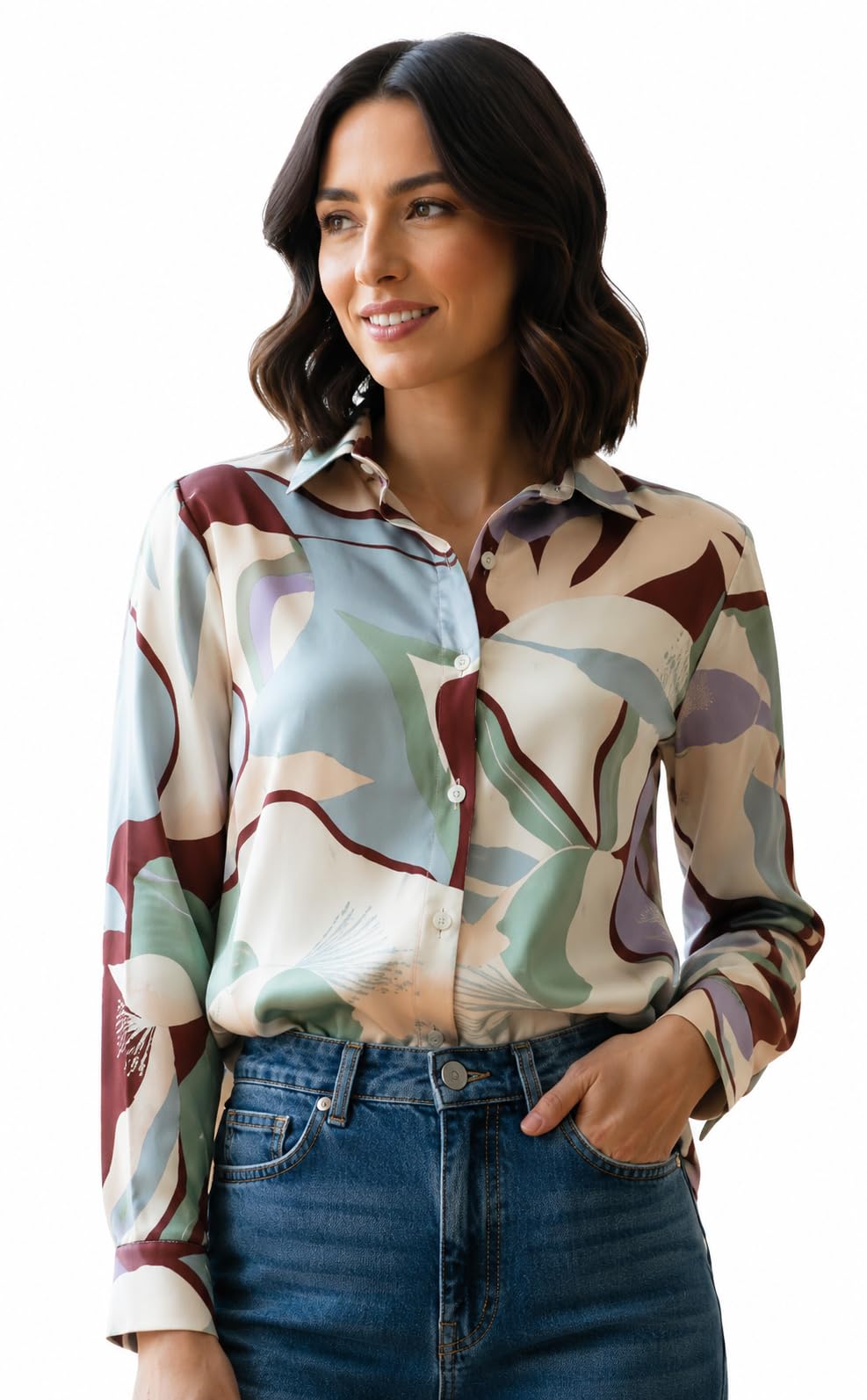 Amazon Brand  INKAST Womens Abstract Floral Printed Spread Collar Long Sleeves Casual Cami Shirt (RDSWS5_M)