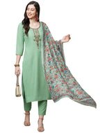 ANNI DESIGNER Womens Cotton Blend Solid Straight Kurta with Pant & Dupatta (Authentic-Pista_S_Pista_Small)