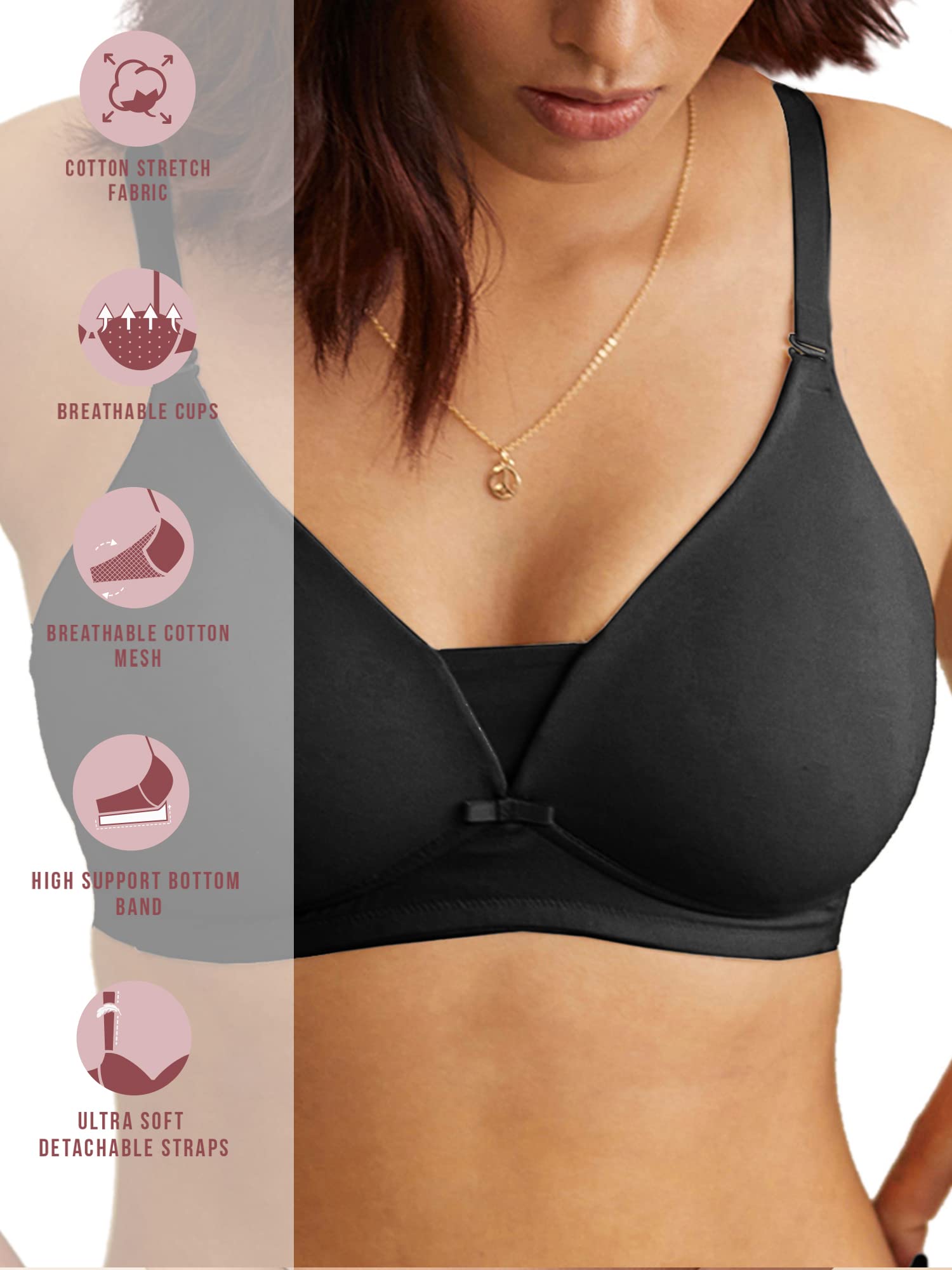NYKD Womens Cotton Lightly Padded Seamless Wire Free Everyday T-Shirt Bra for Women Daily Use Wireless, 3/4th Coverage - Bra, N
