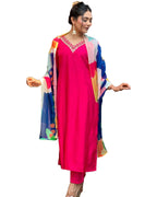 ANNI DESIGNER Womens Cotton Blend Straight Fit Solid Kurta with Pant & Dupatta (Kisori Pink_XXL_Pink_XX-Large)