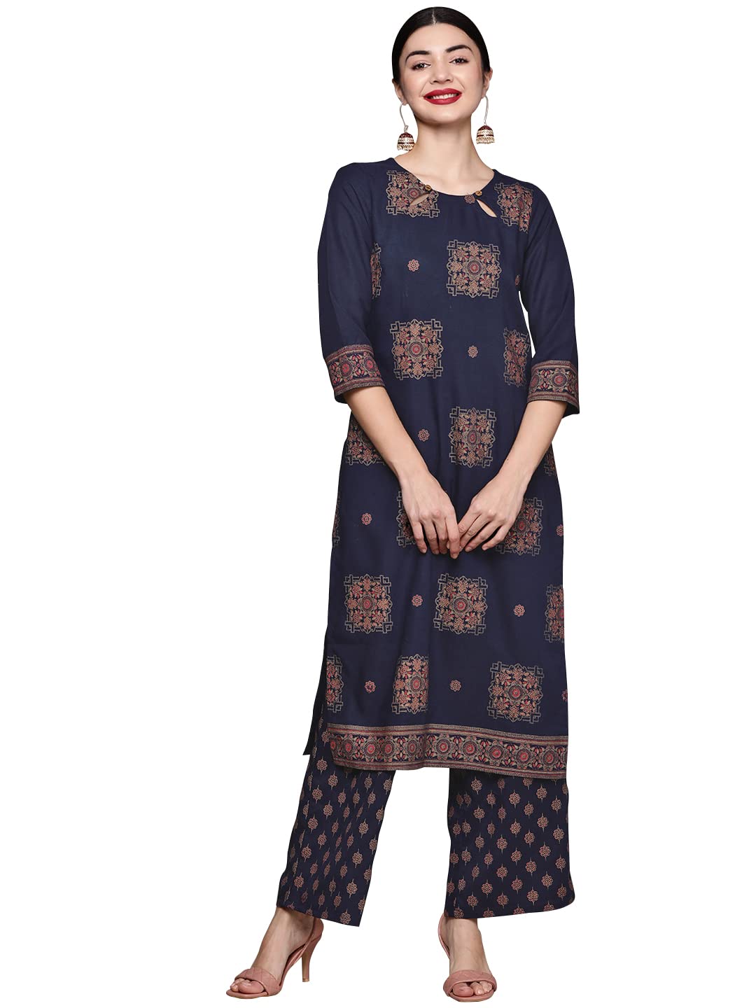 Ziyaa Women'S Navy Blue Rayon Straight Kurta And Palazzo Set(Zikury3718Andpl-S)