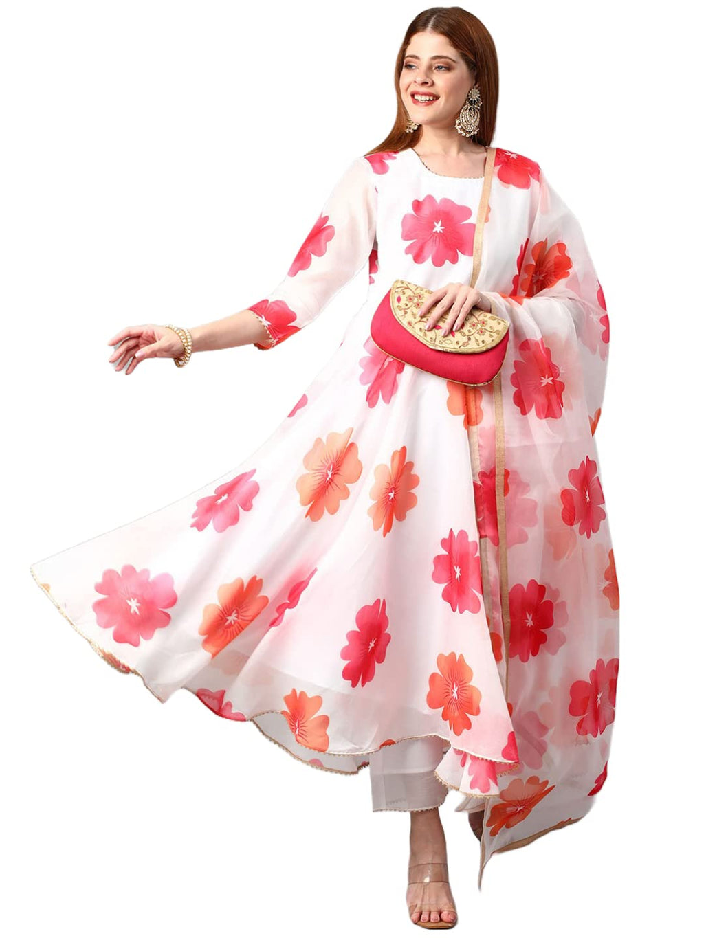 ANNI DESIGNER Womens Chanderi Cotton Flowers Printed Anarkali Kurta and Pant with Dupatta Set (Anarkali-White-Nw_M_White_Medium