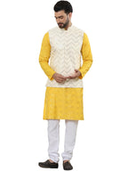 SOJANYA (Since 1958 Mens Cotton foil printed Mustard Kurta and White Pyjama With Cream Nehru Jacket