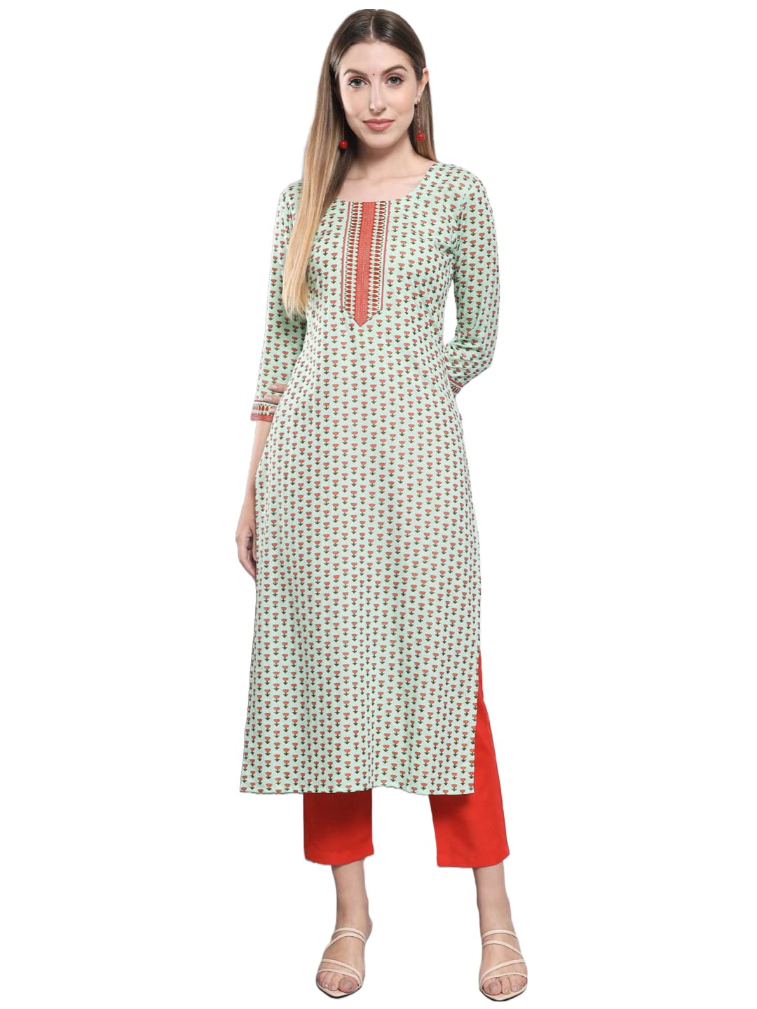 Gosriki Women'S Cotton Blend Traditional Straight Printed Kurta And Pant Set (Amd 555-Green_Xxl-Gs_Green_Xx-Large)