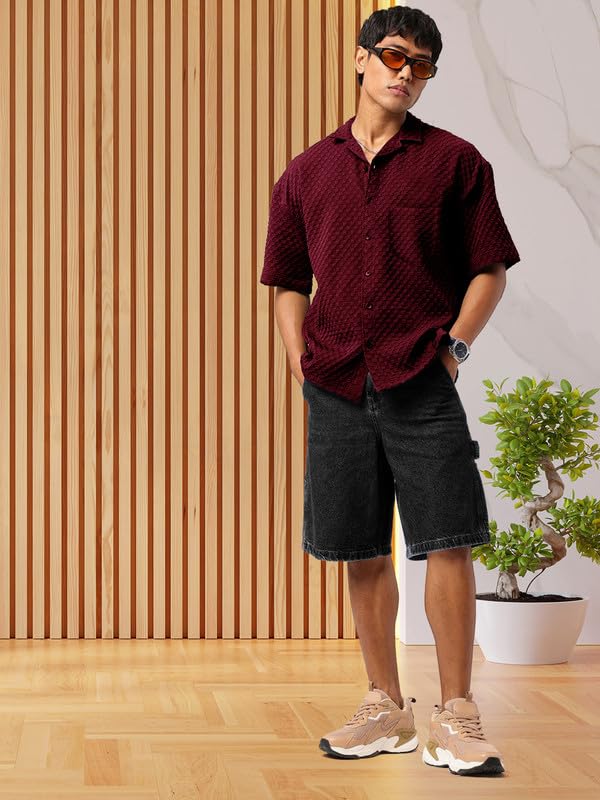 Tee Projekt Mens Regular Fit Popcorn Shirt Half Sleeve Spraed Collar Shirt Maroon
