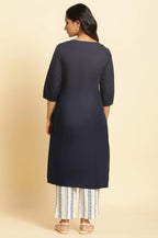 W Blue Embroidered Cotton Straight Long Dori Kurta For Women