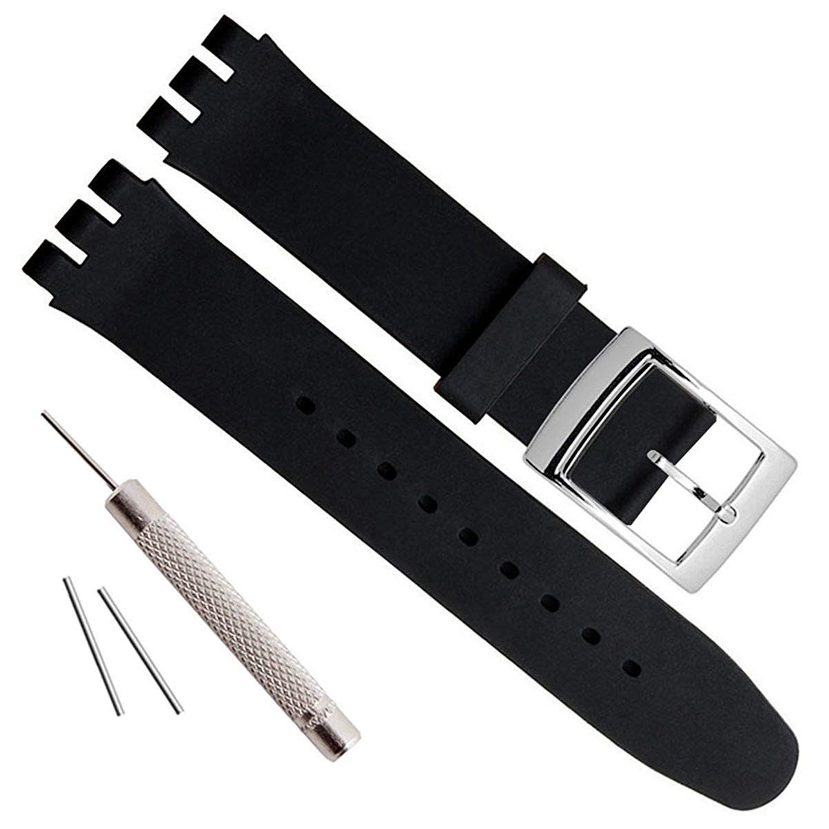 Silver Plated Stainless Steel Buckle Waterproof Silicone Rubber Watch Strap Watch Band (19mm, Black)