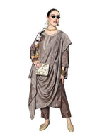 Ishin Women'S Silk Blend Brown Embroidered A-Line Kurta Trouser Dupatta Set