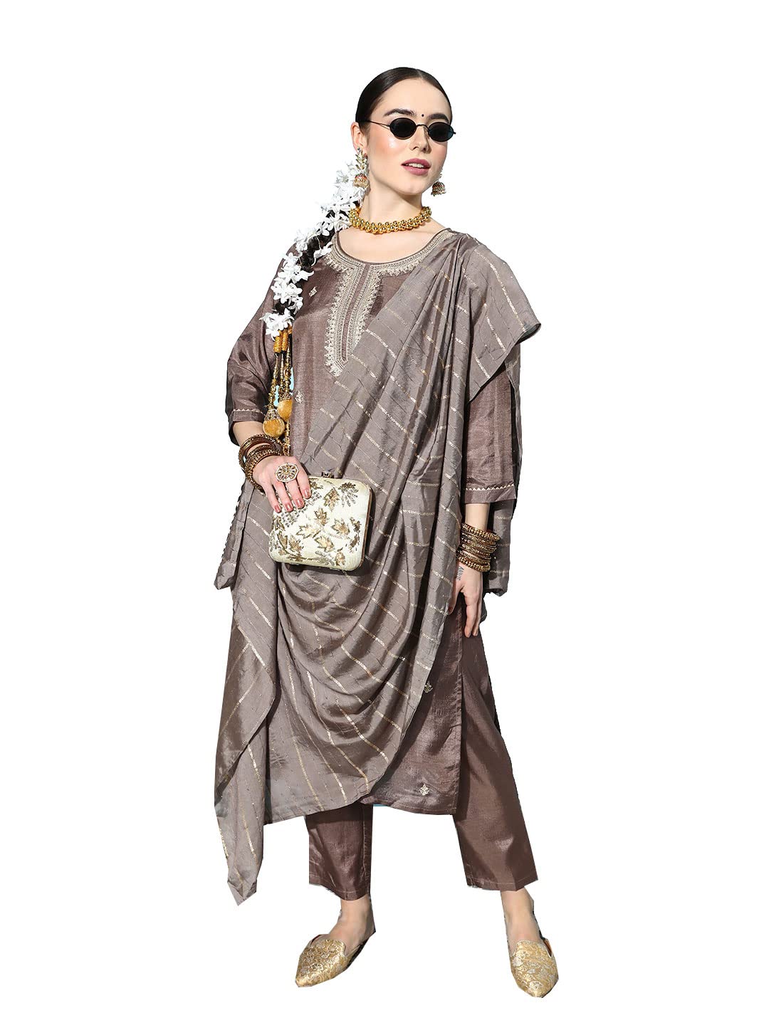 Ishin Women'S Silk Blend Brown Embroidered A-Line Kurta Trouser Dupatta Set