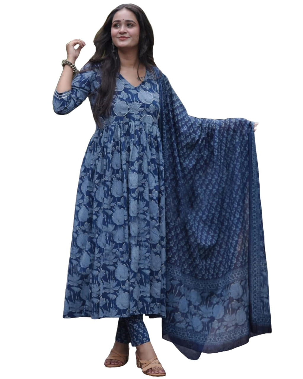 ANNI DESIGNER Womens Rayon Blend Anarkali Printed Kurta with Pant & Dupatta (Tithi Blue_XL_Blue_X-Large)