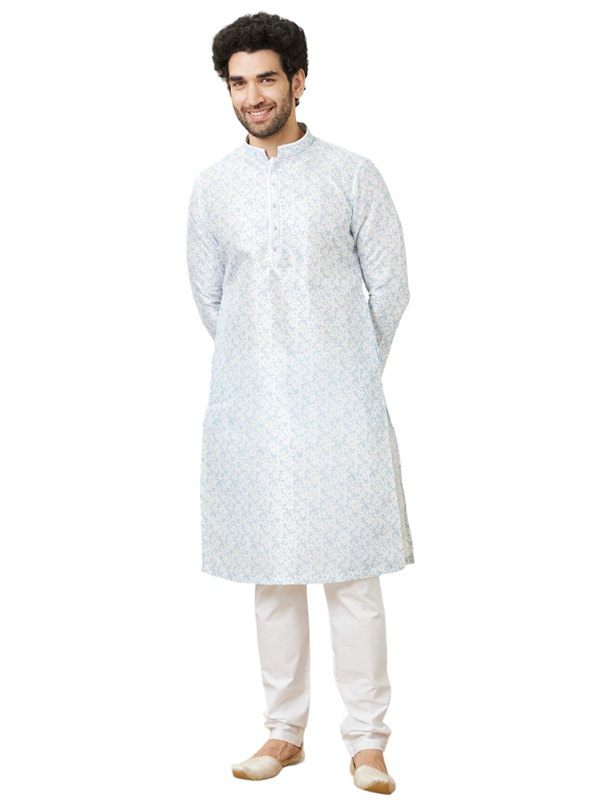 Manyavar Mens Art Silk Printed Full Sleeves Knee Length Kurta Set (Blue, XXL)