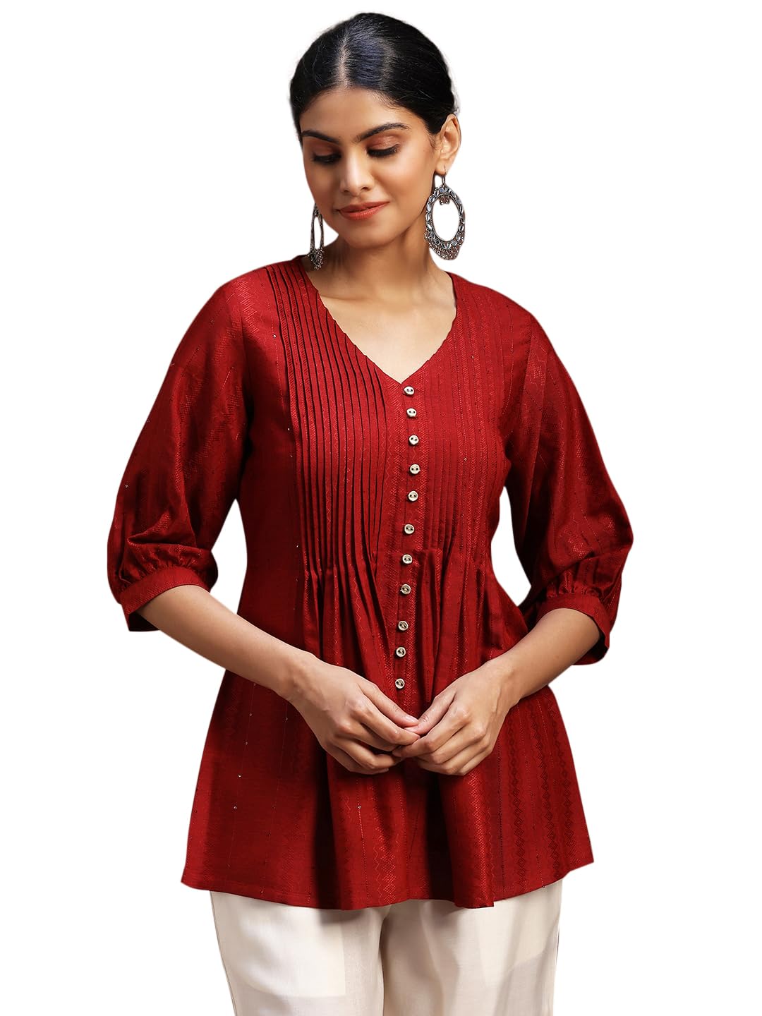 Libas Womens Woven Design Silk Blend A-Line Kurti For Women Red