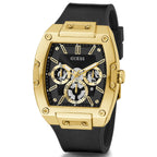 GUESS Men's Trend Multifunction 43mm Watch - Black & Gold-Tone Dial with Gold-Tone Polycarbonate Case & Flex Leather/Silicone St