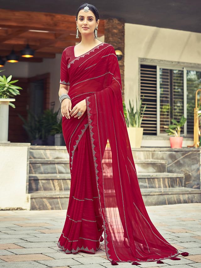 Satrani Womens Georgette Stone Work Border & Piping Border & Tassels Saree with Unstitched Blouse Piece
