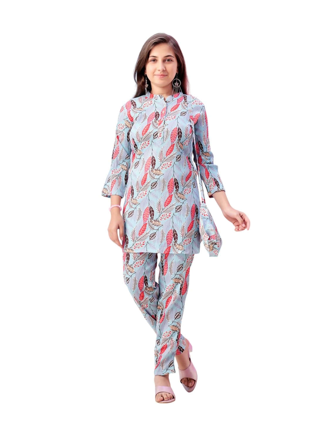 Aarika Girls Casual Wear Sky Blue Colour Leafs Print Polyester Co-Ord Set-8-15 Years (Kp-Tr-K-987)