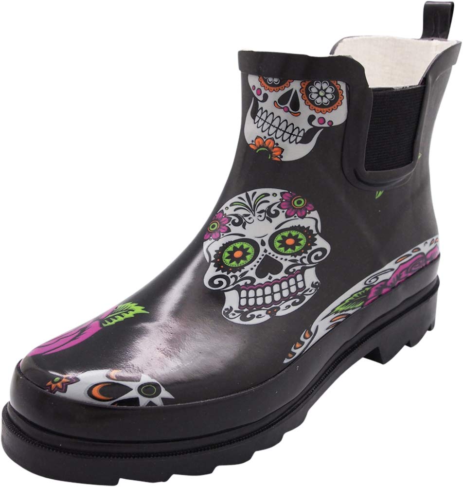 NORTY - Womens Ankle Rain Boots - Ladies Waterproof Winter Spring Garden Boot Skulls Black Size 11