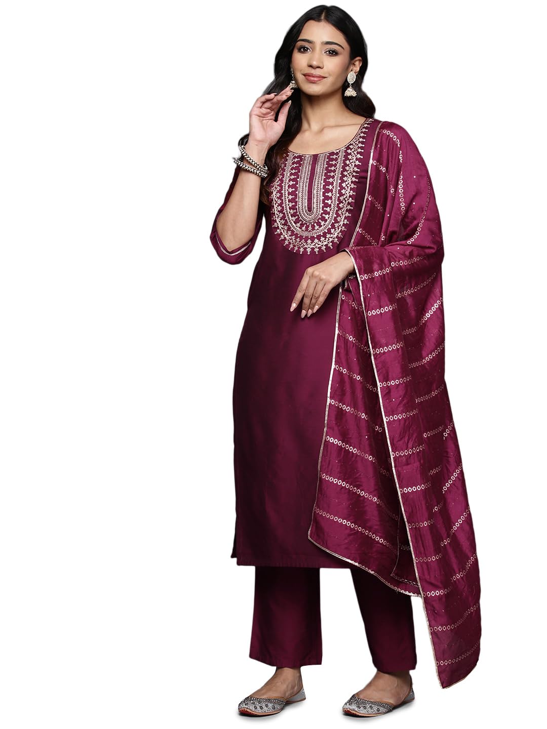 Gerua By Libas Womens Yoke Design Silk Blend Straight Kurta With Trousers And Dupatta
