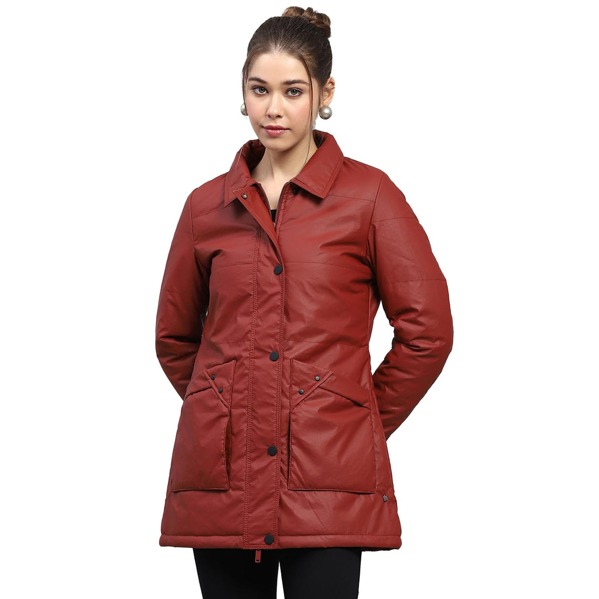 Monte Carlo Womens Self Design Rust Collar Neck Full Sleeve Jacket 2