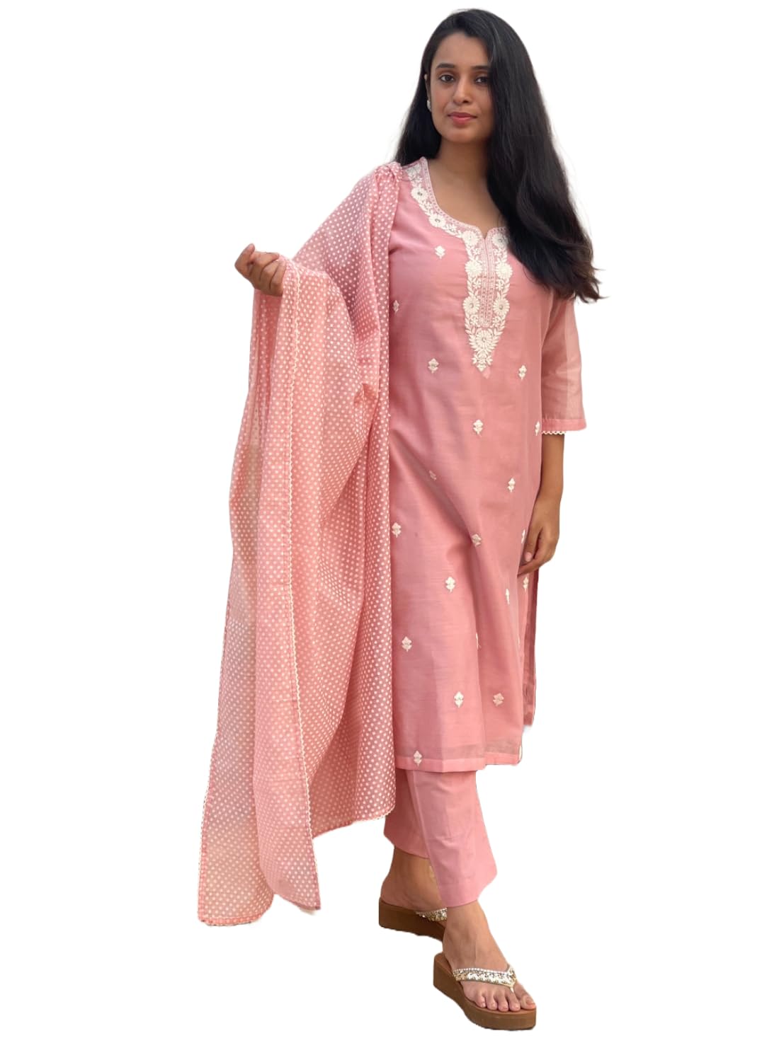 ANNI DESIGNER Womens Cotton Blend Straight Embroidered Kurta with Pant & Dupatta (YEAREND Pink_S_Pink_Small)