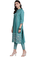 Ziyaa Women'S Cotton Women'S'S Teal Blue Straight Kurta And Pant Set
