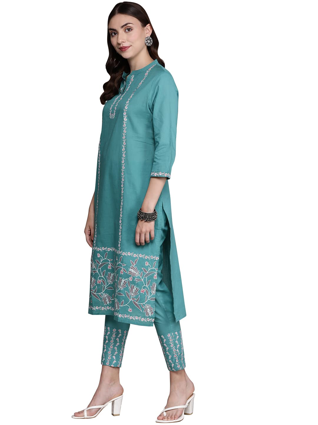 Ziyaa Women'S Cotton Women'S'S Teal Blue Straight Kurta And Pant Set