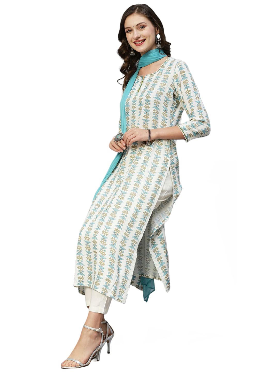 Gosriki Women'S Cotton Blend Straight Printed Kurta With Pant & Dupatta (April-Sky Blue-Cgd-Gs_L_Sky Blue_Large)