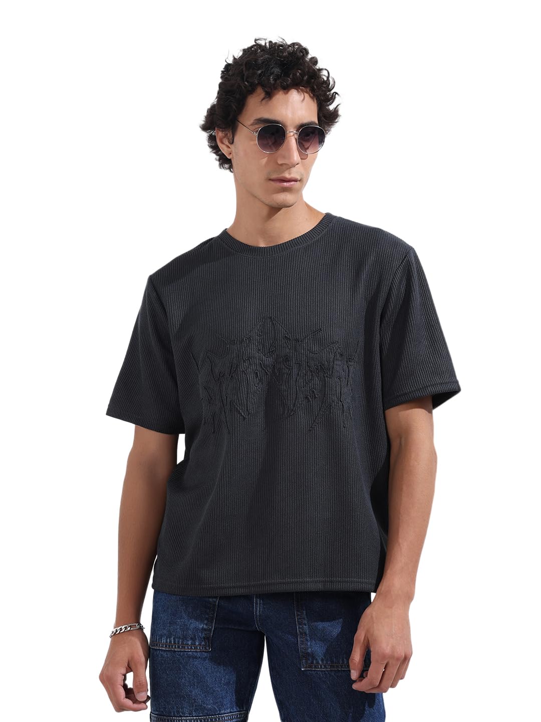 The Indian Garage Co Mens Textured Half Sleeves Boxy Crew Neck T-Shirt