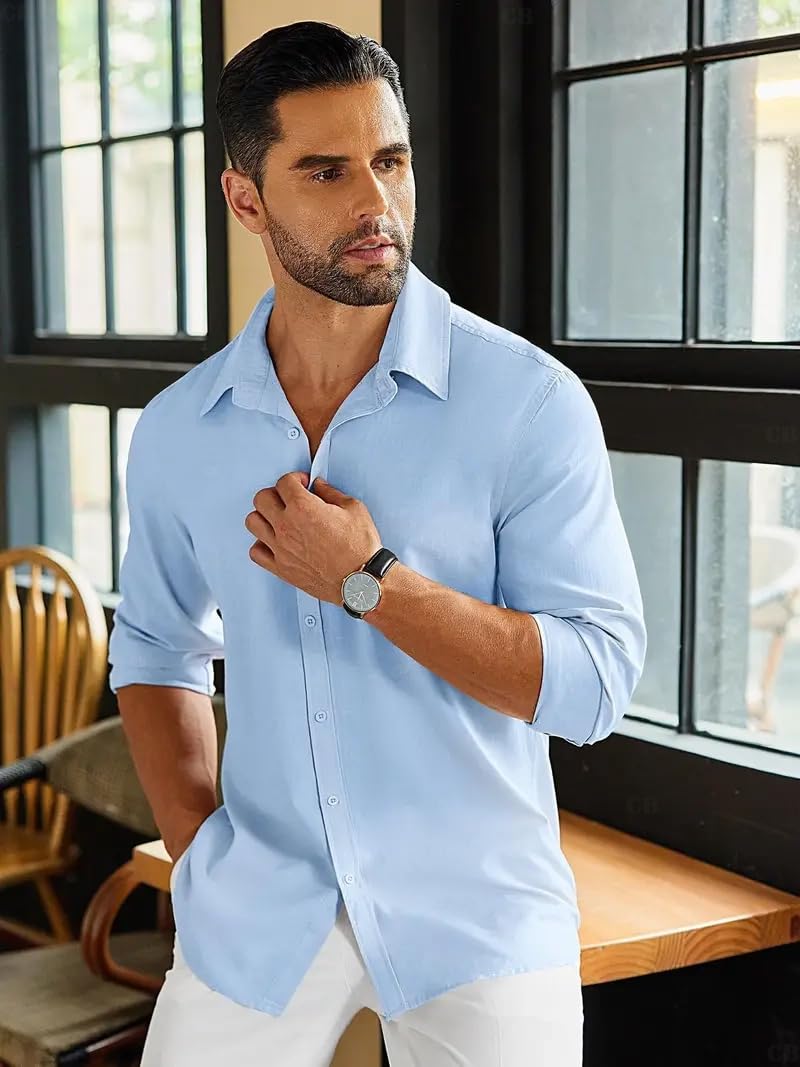 CB-COLEBROOK Mens Long Sleeve Button Down Shirts Casual Cotton Linen Shirts Summer Beach Shirt for Mens Top (in, Alpha, XL, Reg